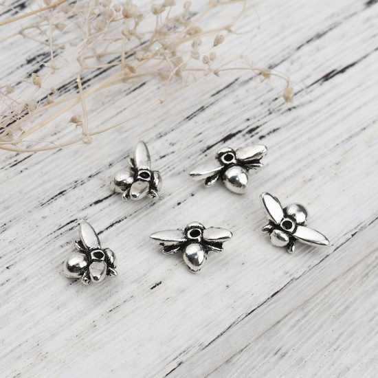 Picture of Zinc Based Alloy 3D Beads Bee Animal Antique Silver Color 13mm x 8mm, Hole: Approx 1.2mm, 50 PCs