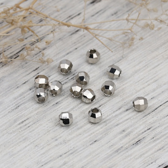 Picture of Brass Beads Round Silver Tone Faceted About 4mm( 1/8") Dia, Hole: Approx 1.4mm, 50 PCs                                                                                                                                                                        