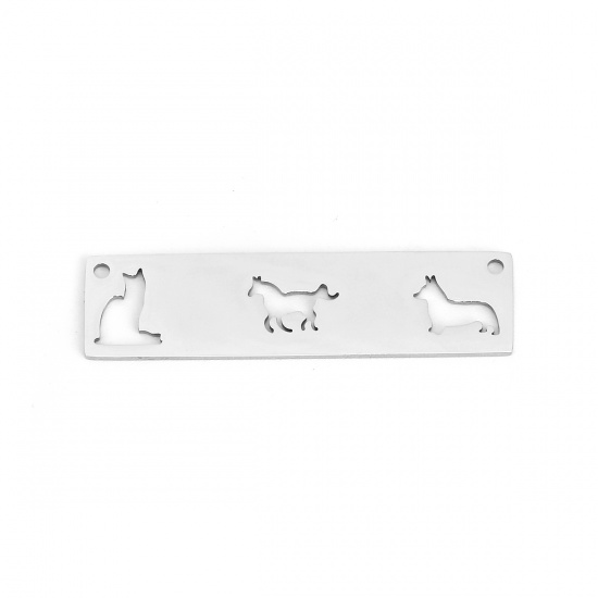 Picture of 201 Stainless Steel Pet Silhouette Connectors Rectangle Silver Tone Animal 38mm(1 4/8") x 10mm( 3/8"), 2 PCs