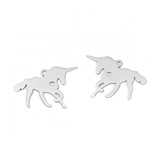 Picture of 201 Stainless Steel Pet Silhouette Pendants Horse Silver Tone Heart 30mm(1 1/8") x 20mm( 6/8"), 3 PCs