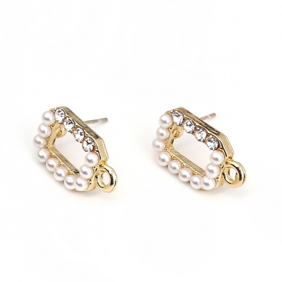 Picture of Zinc Based Alloy & Acrylic Ear Post Stud Earrings Findings Round Gold Plated White Imitation Pearl Clear Rhinestone W/ Loop 19mm x 11mm, Post/ Wire Size: (21 gauge), 6 PCs