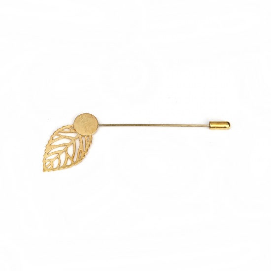 Immagine di Lega di Zinco Basi per Cabochon Spilla Accessori Foglia Oro Placcato (Addetti 9mm) 85mm x 26mm, 10 Pz