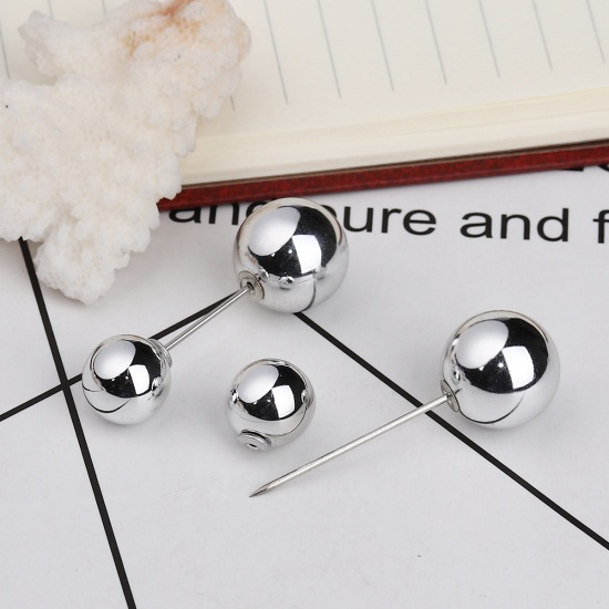 Picture of Acrylic Pin Brooches Findings Round Silver Imitation Pearl 45mm(1 6/8") x 15mm( 5/8"), 10 PCs