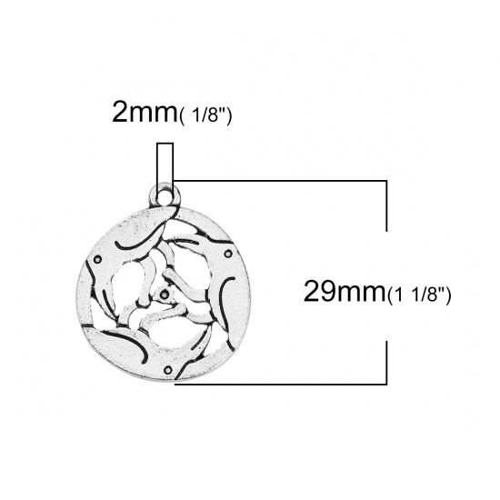 亜鉛合金 ボヘミアン チャーム 円形 銀古美 ( ss2フラットバック・ラインストーンに適応) 鳥　 29mmx 26mm、 20 個 の画像