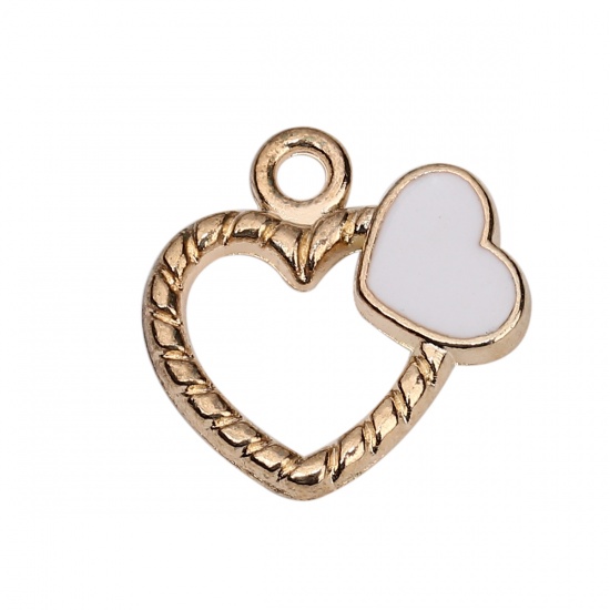 Picture of Zinc Based Alloy Charms Heart Gold Plated White Stripe Enamel 18mm( 6/8") x 18mm( 6/8"), 20 PCs