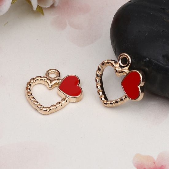 Picture of Zinc Based Alloy Charms Heart Gold Plated Red Stripe Enamel 18mm( 6/8") x 18mm( 6/8"), 20 PCs