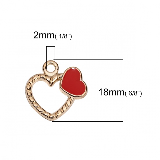 Picture of Zinc Based Alloy Charms Heart Gold Plated Red Stripe Enamel 18mm( 6/8") x 18mm( 6/8"), 20 PCs