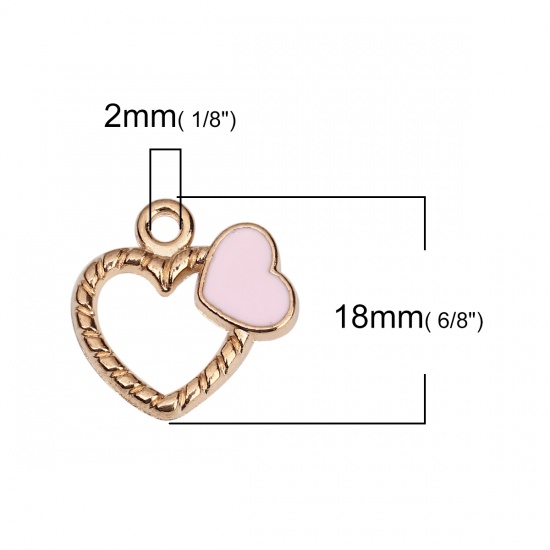 Picture of Zinc Based Alloy Charms Heart Gold Plated Pink Stripe Enamel 18mm( 6/8") x 18mm( 6/8"), 20 PCs