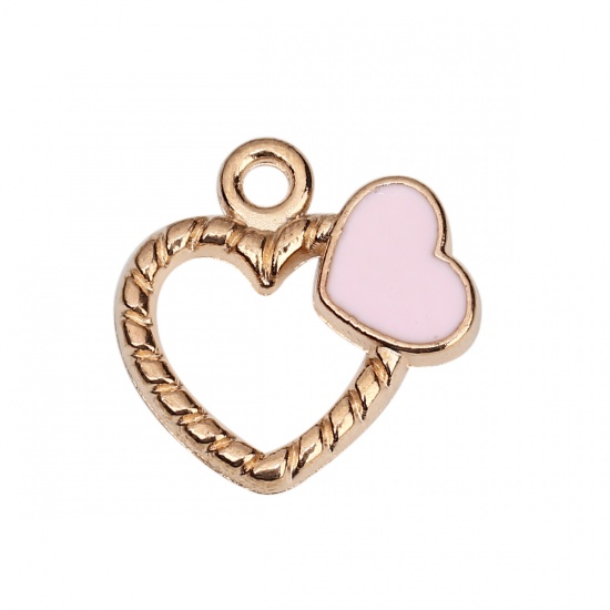 Picture of Zinc Based Alloy Charms Heart Gold Plated Pink Stripe Enamel 18mm( 6/8") x 18mm( 6/8"), 20 PCs