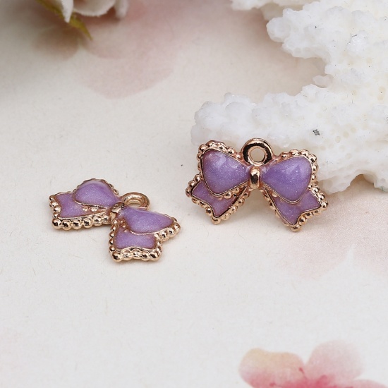 Picture of Zinc Based Alloy Charms Bowknot Gold Plated Purple Enamel 16mm( 5/8") x 10mm( 3/8"), 20 PCs