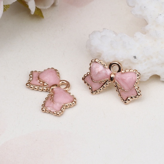 Picture of Zinc Based Alloy Charms Bowknot Gold Plated Pink Enamel 16mm( 5/8") x 10mm( 3/8"), 20 PCs