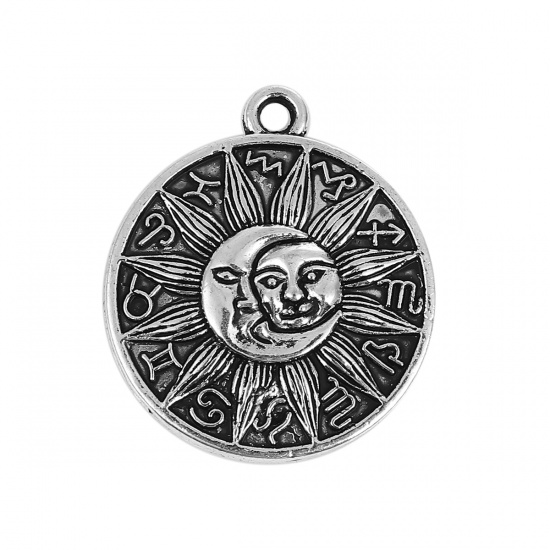Изображение Богемный стиль Цинковый Сплав Подвески Круглые Античное Серебро Солнце Луна лицо С Узором 29мм x 25мм, 20 ШТ
