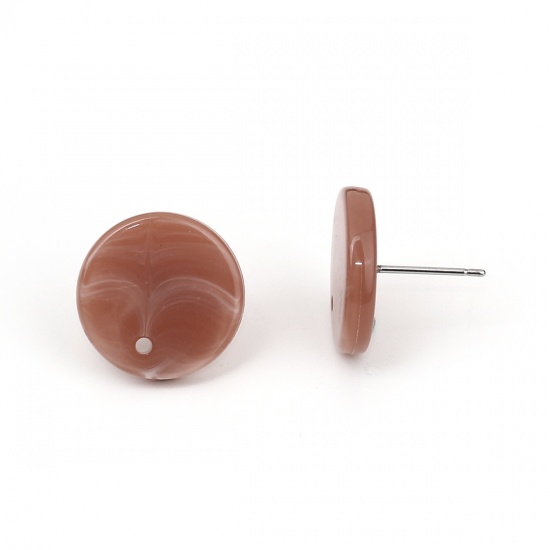 Picture of Acrylic Ear Post Stud Earrings Findings Round Light Coffee Ink Spot Pattern 16mm, Post/ Wire Size: (21 gauge), 10 PCs