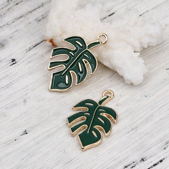 Picture of Zinc Based Alloy Charms Leaf KC Gold Plated Green Enamel 29mm(1 1/8") x 17mm( 5/8"), 5 PCs