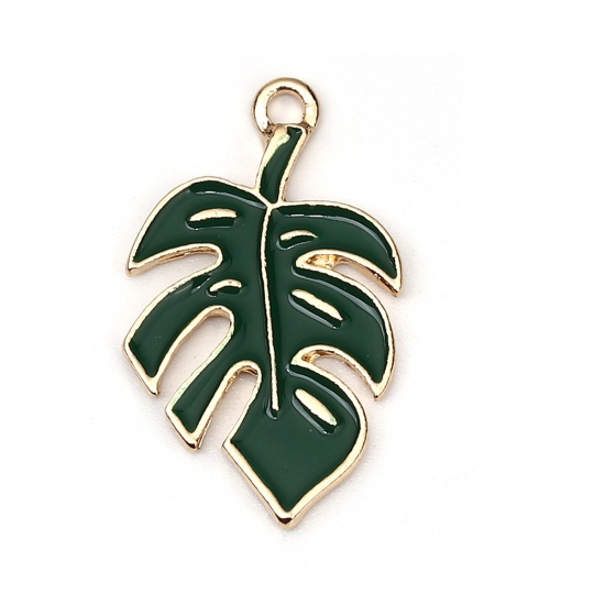 Picture of Zinc Based Alloy Charms Leaf KC Gold Plated Green Enamel 29mm(1 1/8") x 17mm( 5/8"), 5 PCs