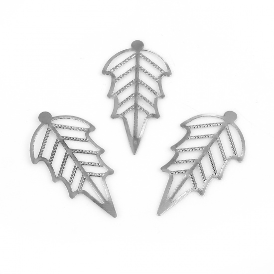 Picture of Iron Based Alloy Embellishments Leaf Silver Tone Filigree 37mm(1 4/8") x 20mm( 6/8"), 100 PCs