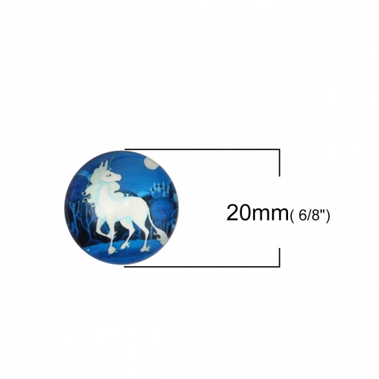 Immagine di Vetro Cupola Dome Seals Cabochon Tondo Flatback Bianco & Blu Cavallo Disegno 20mm Dia, 30 Pz