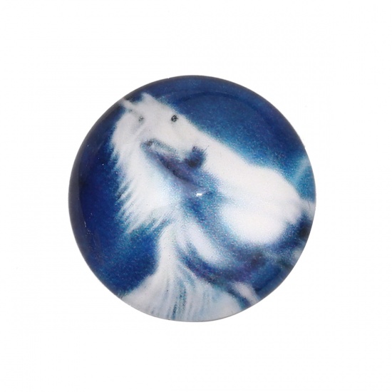 Immagine di Vetro Cupola Dome Seals Cabochon Tondo Flatback Bianco & Blu Cavallo Disegno 20mm Dia, 30 Pz