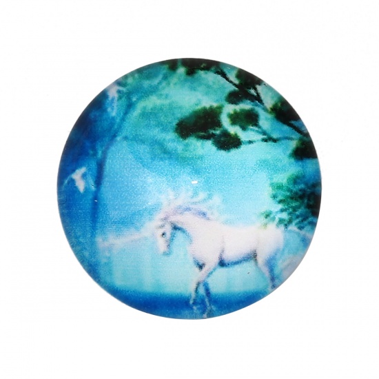 Immagine di Vetro Cupola Dome Seals Cabochon Tondo Flatback Verde Blu Cavallo Disegno 20mm Dia, 30 Pz