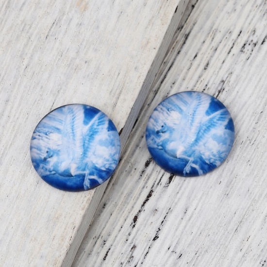 Picture of Glass Dome Seals Cabochon Round Flatback Blue Horse Pattern 20mm( 6/8") Dia, 30 PCs