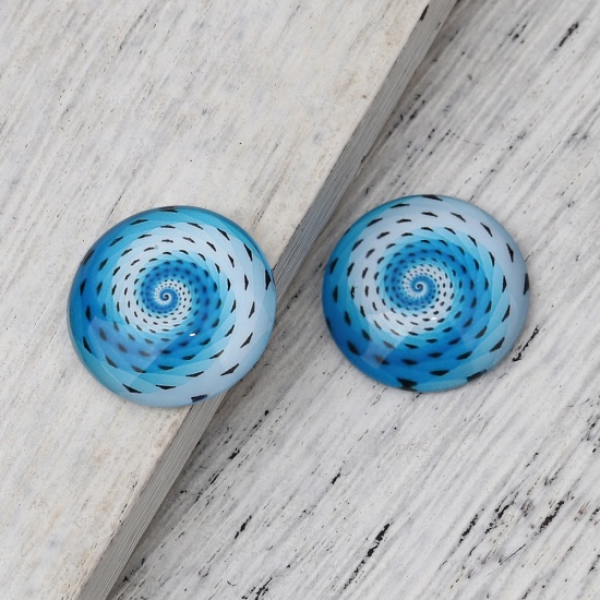 Picture of Glass Dome Seals Cabochon Round Flatback Lake Blue Spiral Pattern 20mm( 6/8") Dia, 30 PCs