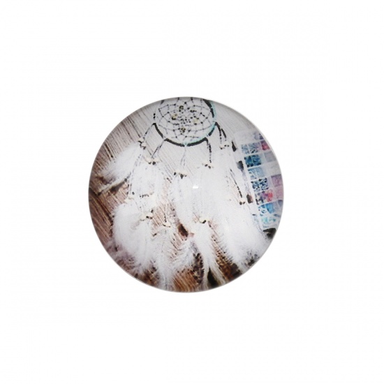 Picture of Glass Dome Seals Cabochon Round Flatback White Dreamcatcher Pattern 20mm( 6/8") Dia, 30 PCs