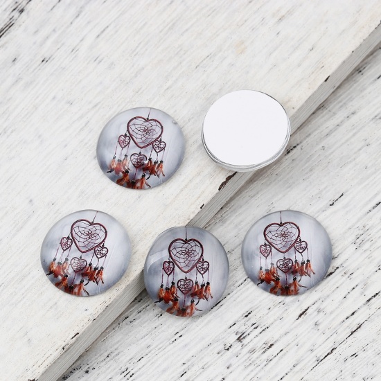 Picture of Glass Dome Seals Cabochon Round Flatback Brown Yellow Dreamcatcher Pattern 20mm( 6/8") Dia, 30 PCs