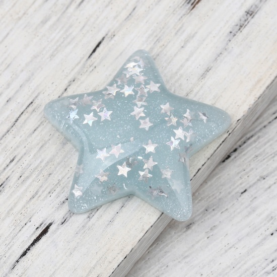 Picture of Resin Dome Seals Cabochon Pentagram Star Light Blue AB Rainbow Color Sequins 33mm(1 2/8") x 31mm(1 2/8"), 10 PCs