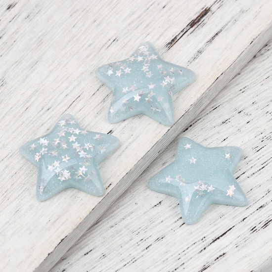 Picture of Resin Dome Seals Cabochon Pentagram Star Light Blue AB Rainbow Color Sequins 33mm(1 2/8") x 31mm(1 2/8"), 10 PCs