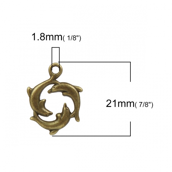 Picture of Zinc Based Alloy Ocean Jewelry Charms Dolphin Animal Antique Bronze 21mm( 7/8") x 16mm( 5/8"), 30 PCs
