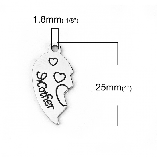 201ステンレス鋼 チャーム ブロークンハート シルバートーン 文字" Mother & Daughter " 25mm x 12mm 24mm x13mm、 1 セット（2個/セット) の画像