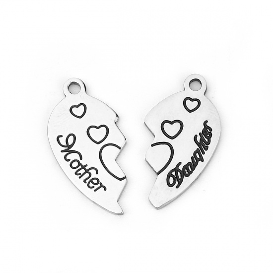 201ステンレス鋼 チャーム ブロークンハート シルバートーン 文字" Mother & Daughter " 25mm x 12mm 24mm x13mm、 1 セット（2個/セット) の画像
