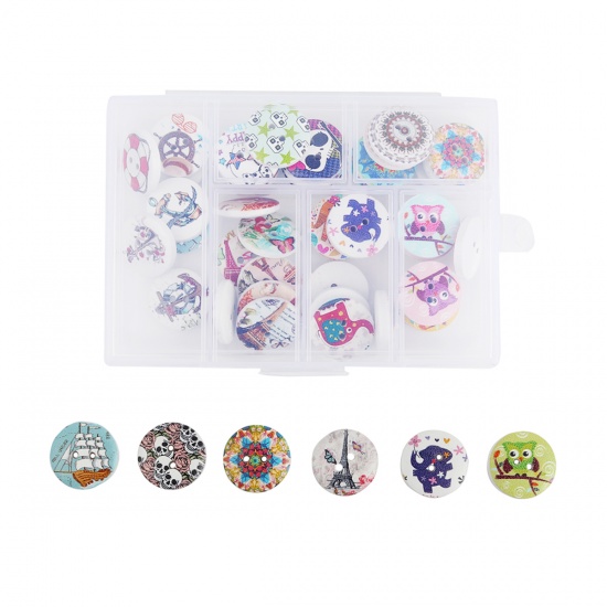 Picture of Wood Sewing Buttons Scrapbooking Two Holes Round Multicolor Skull Hanging 20mm( 6/8") Dia, 1 Box ( 48 PCs/Box)