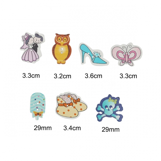 Picture of Wood Sewing Buttons Scrapbooking Two Holes Butterfly Animal Multicolor Owl 36mm x22mm(1 3/8" x 7/8") - 29mm x16mm(1 1/8" x 5/8"), 1 Box ( 28 PCs/Box)