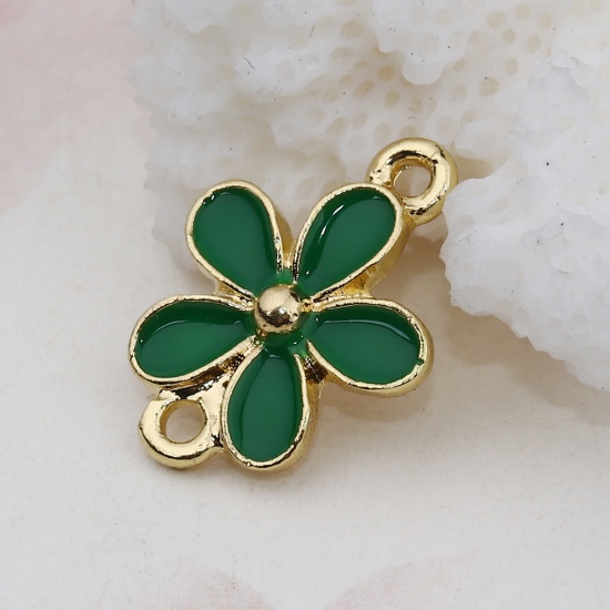 Picture of Zinc Based Alloy Connectors Daisy Flower Gold Plated Green Enamel 17mm x 12mm, 10 PCs