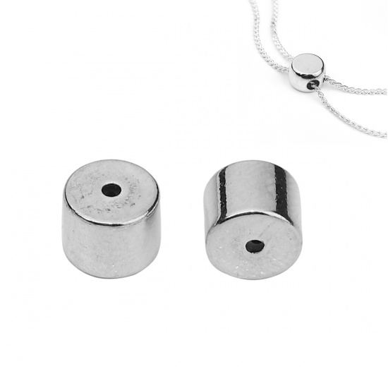 Picture of Brass Slider Clasp Beads Cylinder Silver Tone With Adjustable Silicone Core 5mm( 2/8") x 4mm( 1/8"), Hole: 0.7mm, 5 PCs                                                                                                                                       