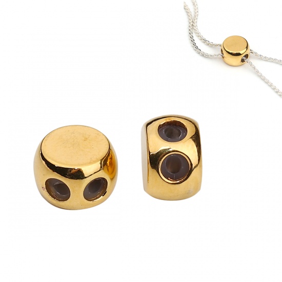 Picture of Copper Slider Clasp Beads Round Gold Plated With Adjustable Silicone Core 8mm Dia., Hole: 1.5mm, 3 PCs