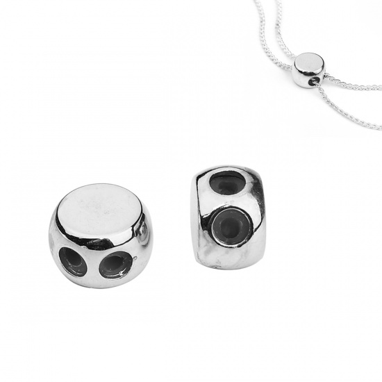 Picture of Brass Slider Clasp Beads Round Silver Tone With Adjustable Silicone Core 8mm Dia., Hole: 1.5mm, 3 PCs                                                                                                                                                         