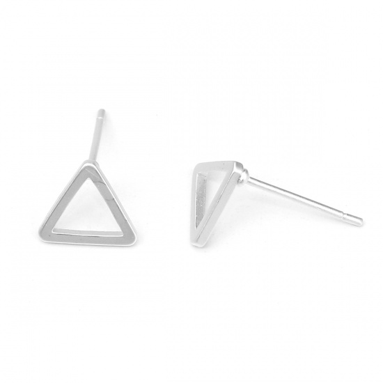 Picture of Brass Ear Post Stud Earrings Matt Silver Color Triangle 9mm( 3/8") x 8mm( 3/8"), Post/ Wire Size: (21 gauge), 10 PCs                                                                                                                                          
