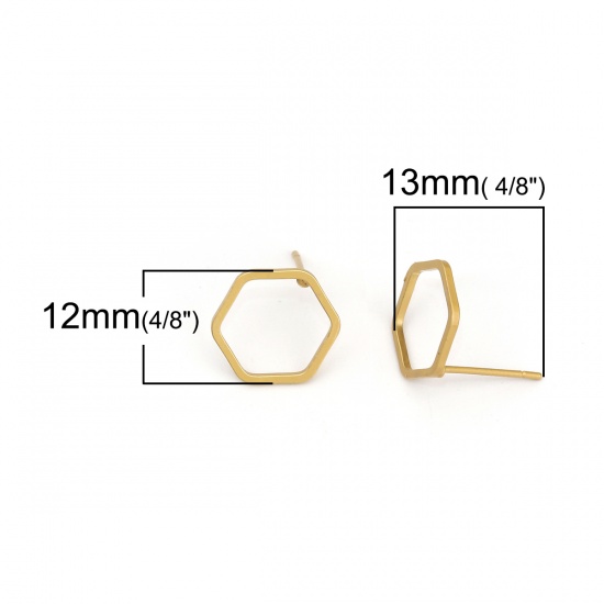 Picture of Brass Ear Post Stud Earrings Matt Gold Hexagon 13mm( 4/8") x 12mm( 4/8"), Post/ Wire Size: (21 gauge), 10 PCs                                                                                                                                                 