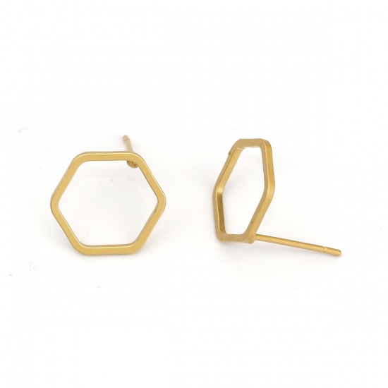 Picture of Brass Ear Post Stud Earrings Matt Gold Hexagon 13mm( 4/8") x 12mm( 4/8"), Post/ Wire Size: (21 gauge), 10 PCs                                                                                                                                                 