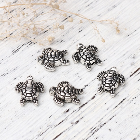Picture of Zinc Based Alloy 3D Beads Tortoise Animal Antique Silver Color 13mm x 12mm, Hole: Approx 1.3mm, 50 PCs