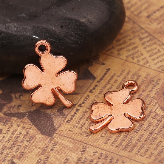 Picture of Zinc Based Alloy Charms Four Leaf Clover Rose Gold 18mm( 6/8") x 12mm( 4/8"), 50 PCs