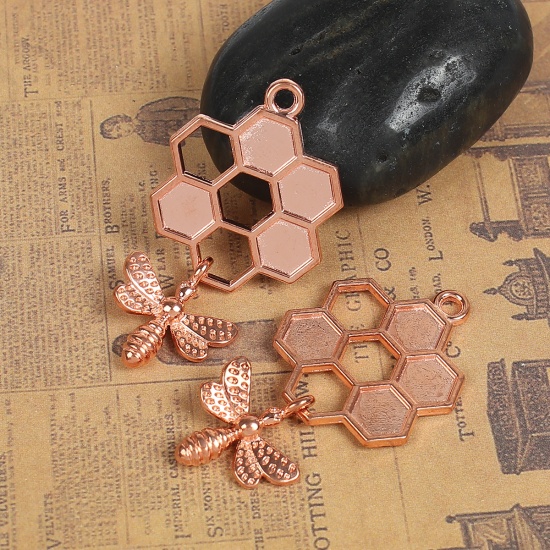 Picture of Zinc Based Alloy Pendants Honeycomb Rose Gold Bee 47mm(1 7/8") x 24mm(1"), 5 PCs