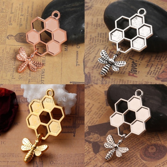 Picture of Zinc Based Alloy Pendants Honeycomb Rose Gold Bee 47mm(1 7/8") x 24mm(1"), 5 PCs