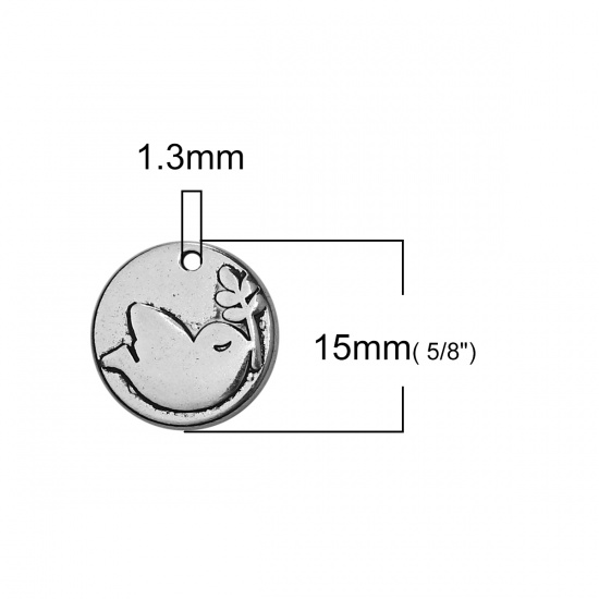 Picture of Zinc Based Alloy Charms Round Antique Silver Mother Bird 15mm( 5/8") Dia, 30 PCs