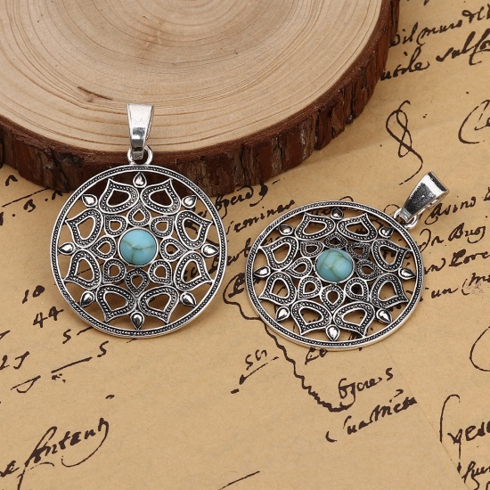 Picture of Zinc Based Alloy & Acrylic Boho Chic Pendants Round Antique Silver Color Green Blue Imitation Turquoise 66mm(2 5/8") x 48mm(1 7/8"), 3 PCs