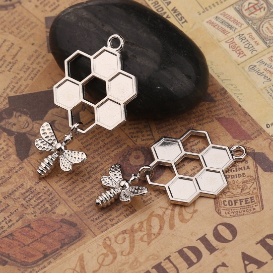 Picture of Zinc Based Alloy Pendants Honeycomb Silver Tone Bee 47mm(1 7/8") x 24mm(1"), 5 PCs