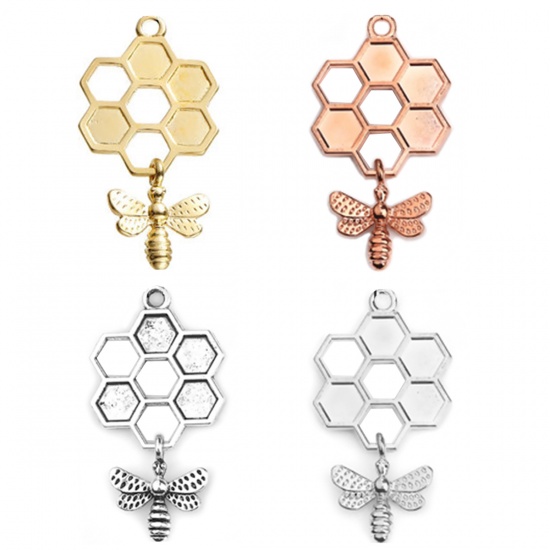 Picture of Zinc Based Alloy Pendants Honeycomb Silver Tone Bee 47mm(1 7/8") x 24mm(1"), 5 PCs