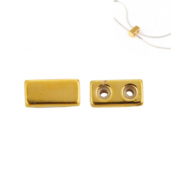 Picture of Brass Slider Clasp Beads Rectangle Gold Plated With Adjustable Silicone Core 8mm x 4mm, Hole: 1.5mm, 10 PCs                                                                                                                                                   